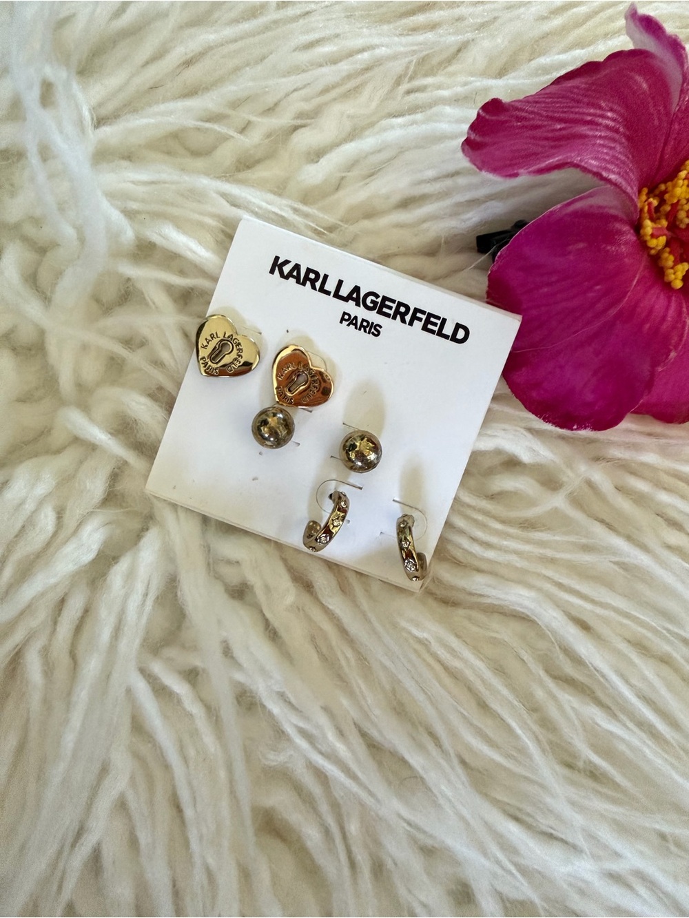 Karl Lagerfeld Gold Tone Stud and Hoop Earring Set